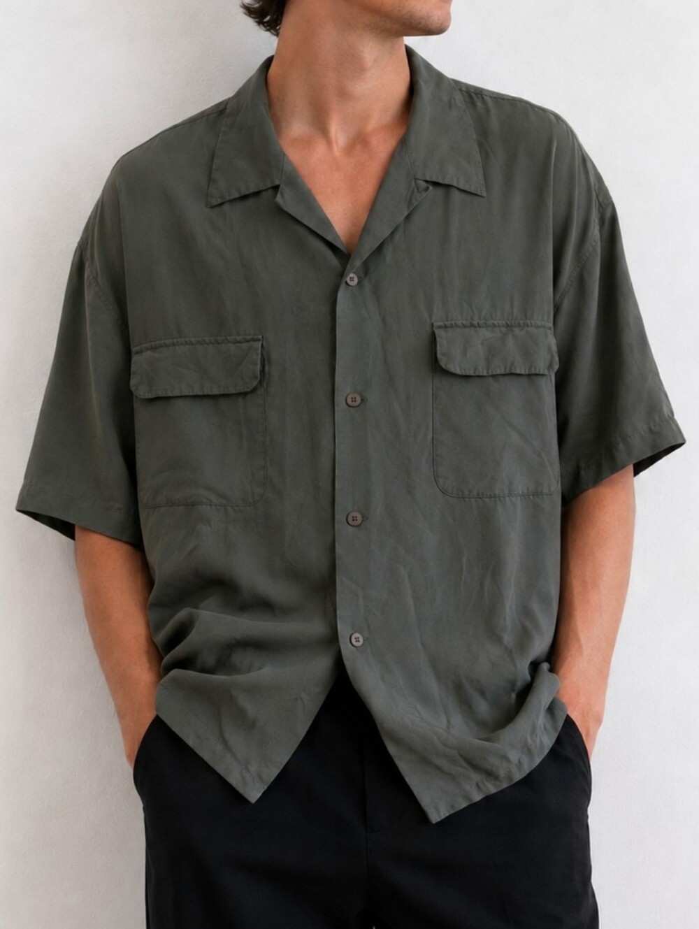 CHIAMARE Men’s XL 100% Silk Olive Green Short Sleeve Button Up Shirt